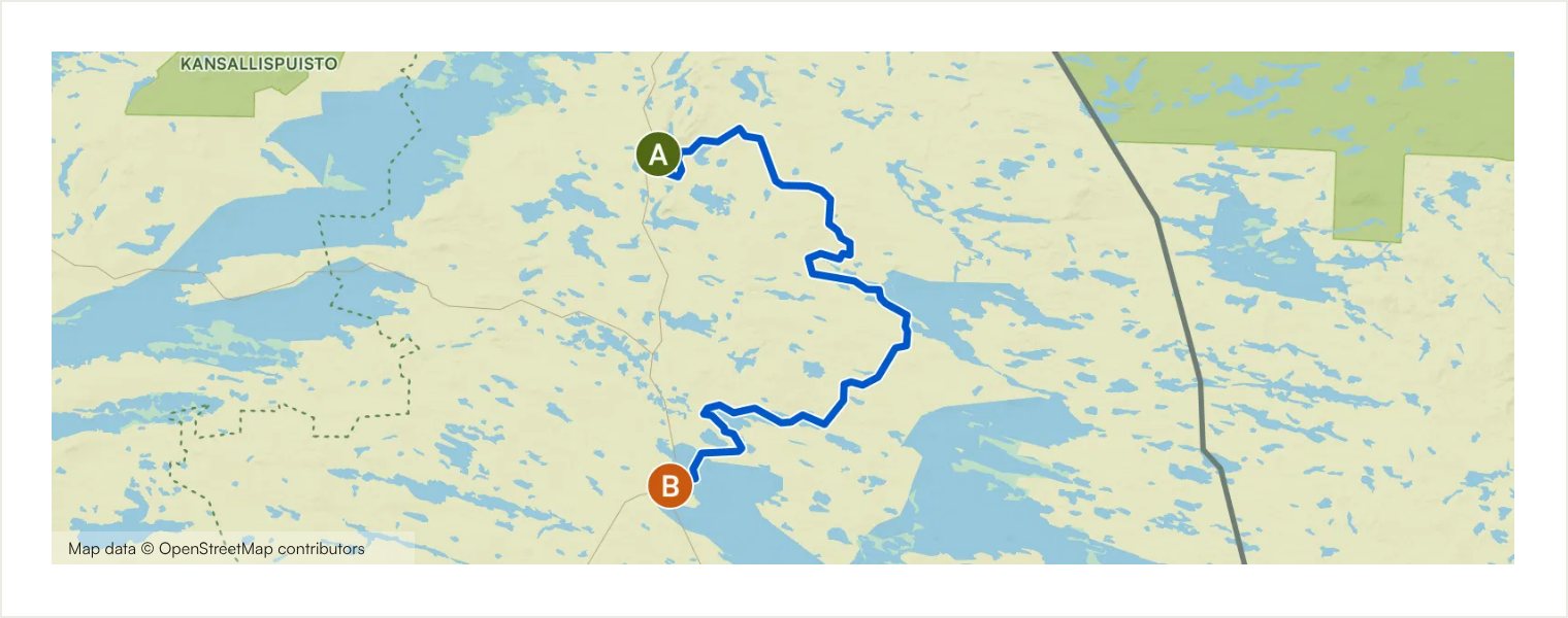 Route map showing the real geometry of Ruka–Määttälänvaara–Kuusamo