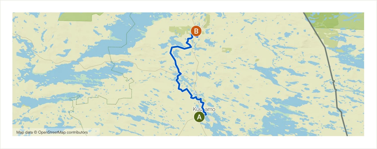 Route map showing the real geometry of Kuusamo–Oivanki–Ruka